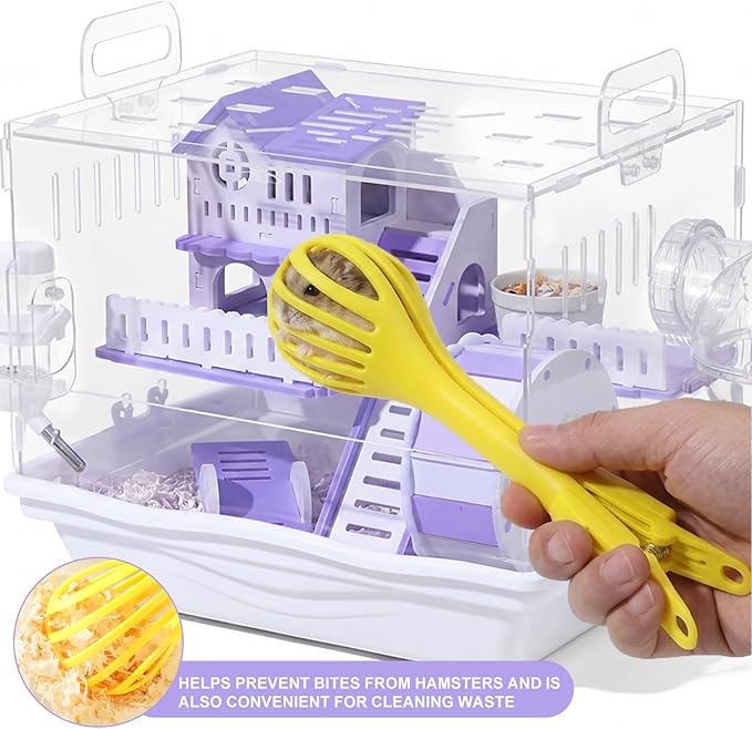 Loungewave Acrylic Hamster Cage, 2-Tier Gerbil Cage with Wooden Wheel, Small Dwarf Hamster Cage Habitat, Garden Mouse Cage for Pet Mice, Clear View Inside Easy to Clean, Purple