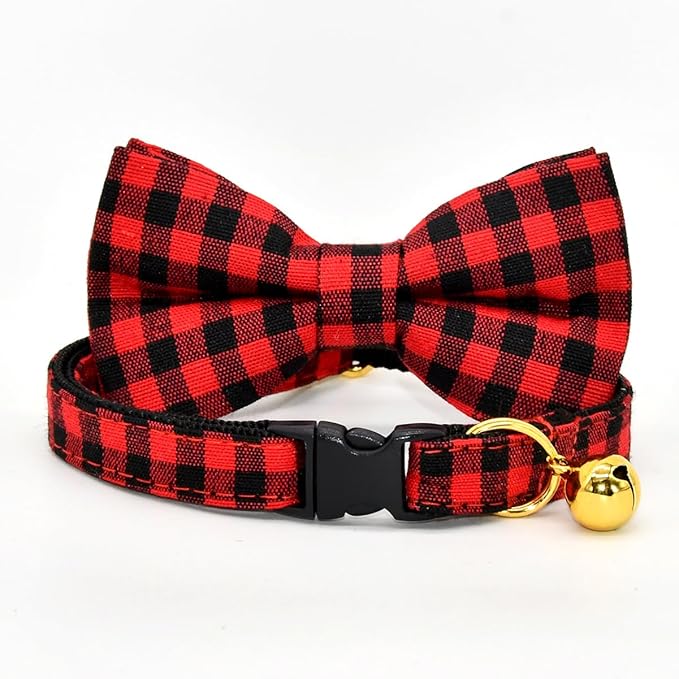 Red Black Buffalo Plaid Cat Breakaway Collar Bow Tie with Bell, Wedding/Birthday Cat Accessories