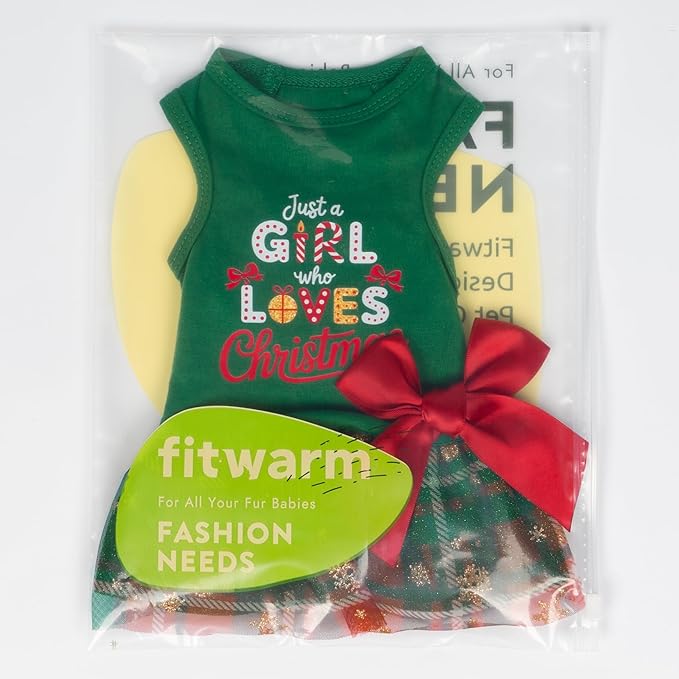 Fitwarm Just a Girl Who Loves Christmas Dog Tulle Dress, Funny Christmas Clothes for Small Dogs Girl, Holiday Pet Outfit, Red, White, Green, Yellow, XXS
