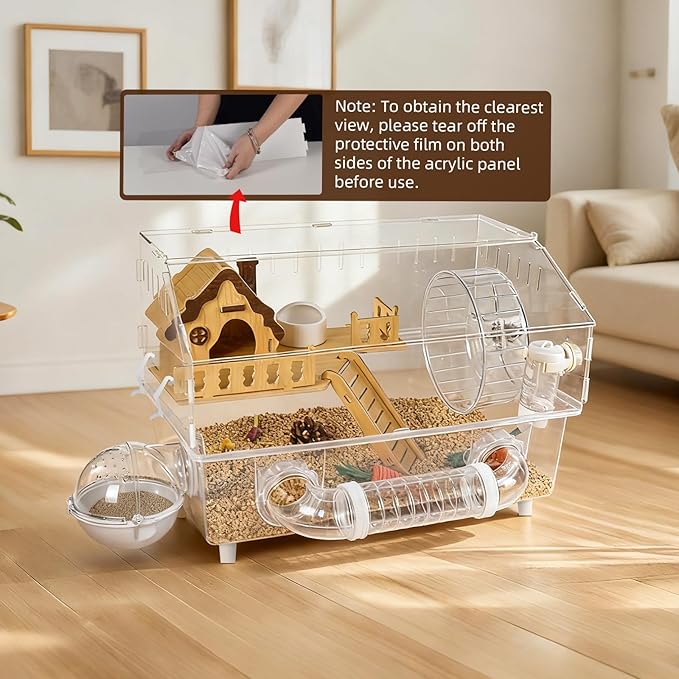 Clear Acrylic Hamster Cage, Dwarf Hamster Cage, Mouse Cage, Gerbil Cage - All-in-One Hamster Habitat with 18cm Silent Wheel, Tubes & Full Kit, 17.7×11.8×13.8" for Dwarf Hamsters, Mice, Gerbils