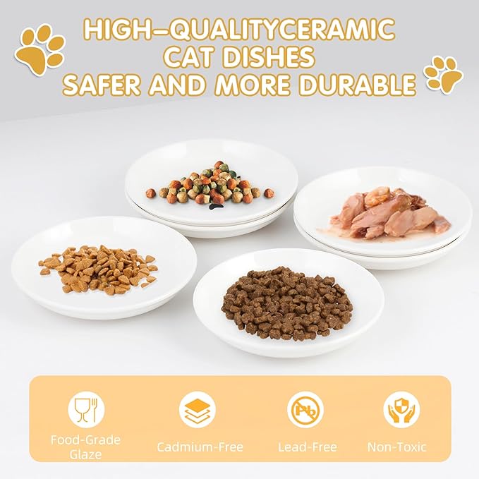 6 Pack Cat Food Bowl, Ceramic Cat Bowls, Anti Whisker Fatigue Cats Bowl Set,5.5 Inches Shallow Wide Kitten Plates for Food and Water (White-C)