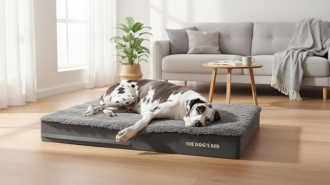 The Dog’s Bed Orthopedic Memory Foam Dog Bed for XXL Dogs, Waterproof Washable Cover, Anti-Slip Base, Calming Surface – CertiPUR-Certified Foam, Grey Fur, 6 Inch Thick