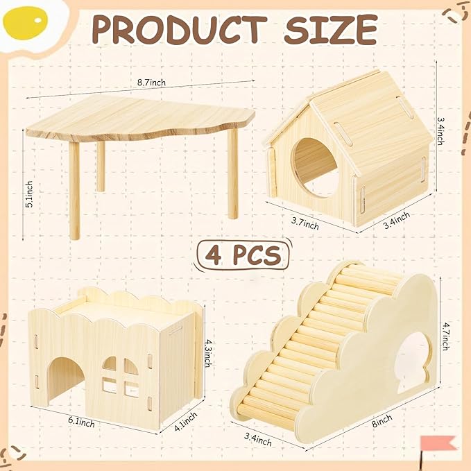 BreezeHug 4 Pcs Hamster Platform Hideout Wooden Tunnel Ladder Playhouse Hamster Game Climbing Toy with Platform Cage Accessories for Small Pets Dwarf Syrian Mice Degus Gerbils Squirrel(Wave House)