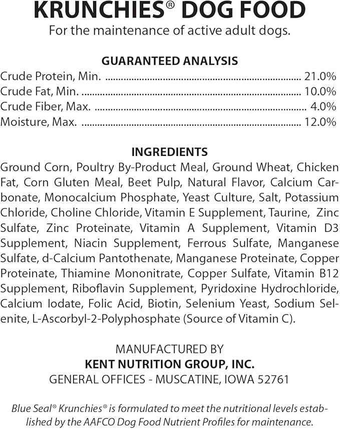 Blue Seal Kent Nutrition Krunchies Adult Dog Food 5 Lbs. No Soy, No Artificial Colors or Preservatives, Nutritionally Complete with Added Vitamins and Minerals