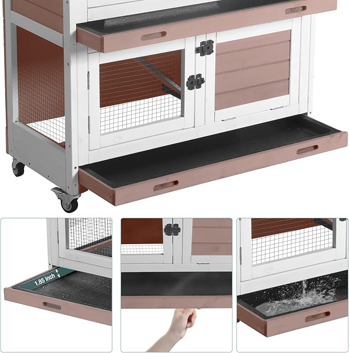Suumerpety 2-Tier Wooden Rabbit Hutch Indoor Bunny House Guinea Pig Cage with Sliding Plastic Trays Wheels for Easy Cleaning Ventilation Design and Mobility, 36 Inch Small Animal Home (Brown, M)