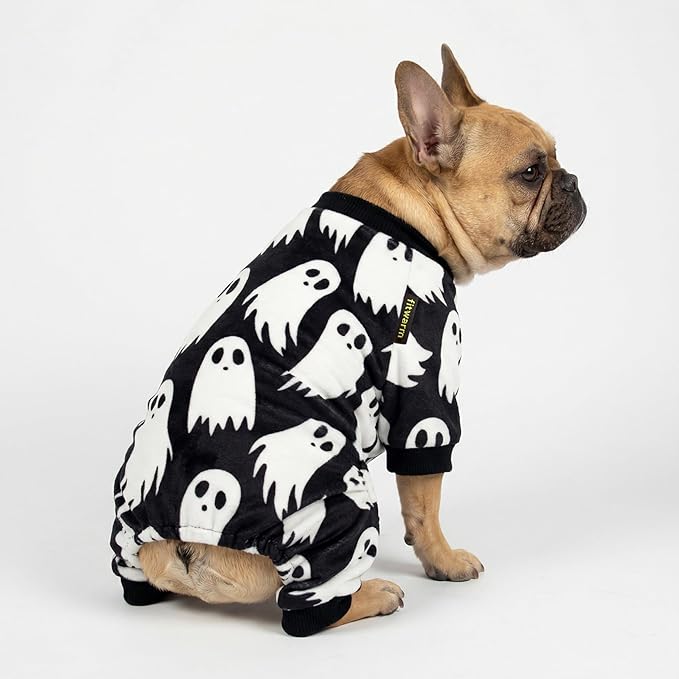 Fitwarm Halloween Ghost Dog Pajamas, Funny Halloween Costumes for Dogs, Fleece Dog Onesie with Feet, Doggy Clothes for Small Dogs Boy Girl, Pet Apparel, Black, White, Medium