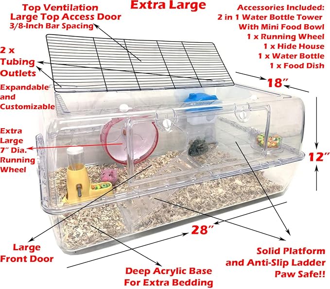 Extra Large Deluxe 2-Floor Acrylic Clear Hamster Mouse Palace House Reptiles Habitat Exercise Running Wheel Water Bottle Tower Food Bowl Hide House Expansion Outlets