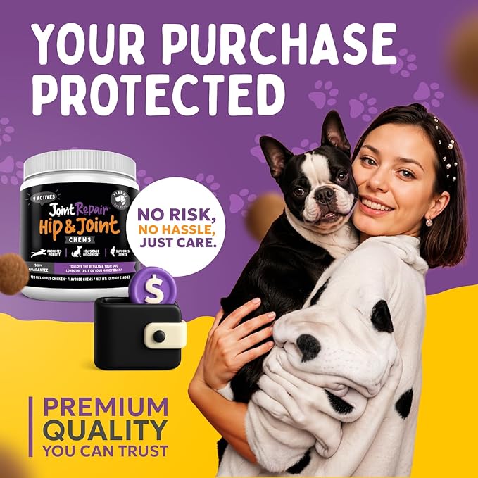 Joint Repair Dog Joint Supplement with Glucosamine for Dogs, Chondroitin, Omega 3, MSM, Hemp & Turmeric. Supports Hip & Joint Health, Mobility & New Cartilage. 120 Chicken Flavor Chews, Made in USA