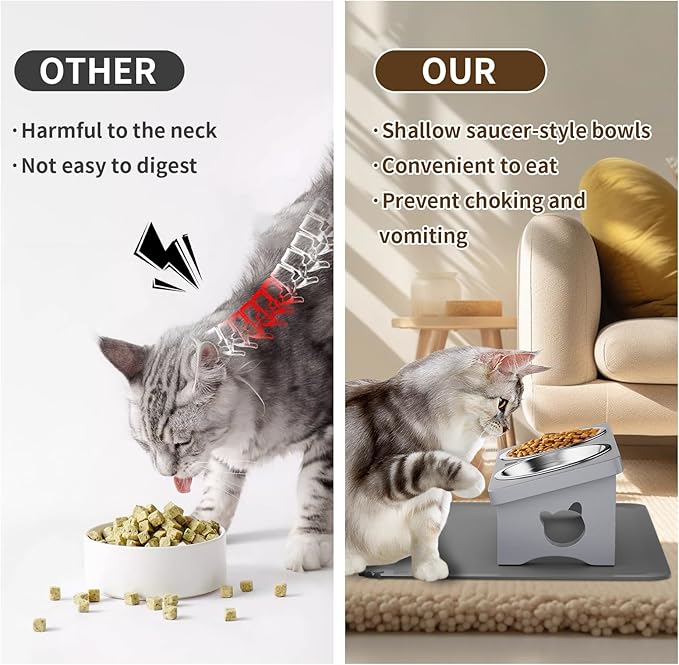 Elevated Cat Bowls with Silicone Mat, 15° Tilted Solid Wood Stand, Raised Stainless Steel Food & Water Dishes for Cats and Small Dogs, Anti-Vomiting Design(Slate Grey)