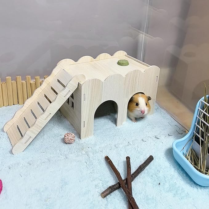 2 PCS Large Wooden Syrian Hamster Hideout Multi-Chamber Tunnel Set Hamster House Hiding Maze Platform Stuff Exploring Toy Cage Accessories for Guinea Pig Rat Mice Hedgehog Squirrel Chinchilla