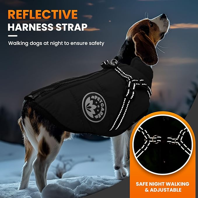 PETCARE Winter Dog Coat with Harness Built in Waterproof Dog Jackets Warm Pet Fleece Vest Windproof Snow Jacket Snowsuit Reflective Dogs Cold Weather Coats for Puppy Small Medium Large Dogs Cats