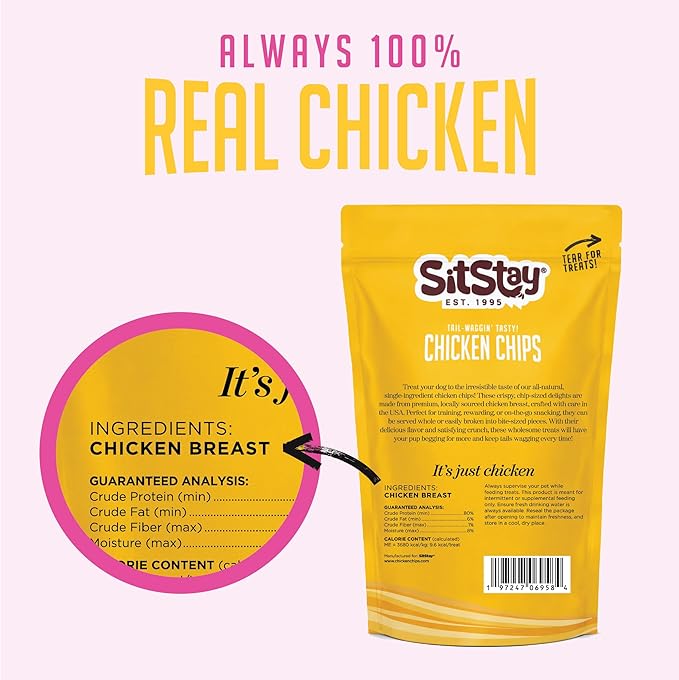 sitstay Chicken Chips Dog Treats, Single Ingredient Dog Treat, High Protein, Low Fat, Grain Free Chicken Chips for Dogs for Training, Rewards and Sensitive Stomachs - Made in USA - 12 oz