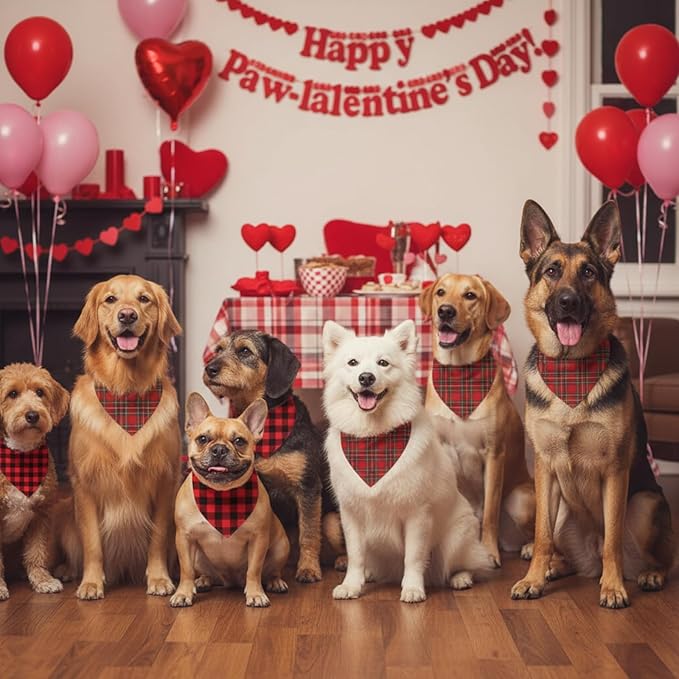 Shyyween 100 Pcs Valentine's Day Red Plaid Dog Bandanas Bulk for Dogs Soft Bibs Adjustable Triangle Bandana for Small Medium Large Pet Costume(25.6 x 17.7 x 17.7 Inch)
