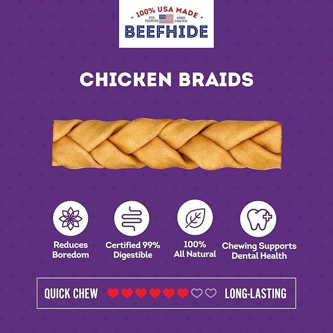 USA Beefhide Braids 7-8" Dog Chew Treats - Chicken Flavor, 6 Count/1 Pack