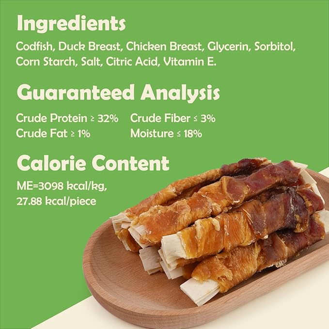 MON2SUN Dog Treats, 4-4.5 Inch Chicken and Duck Wrapped Cod Fillets, Rawhide-Free, Soft and Training Treats for Small Dogs, 10.58 oz (30 Count)