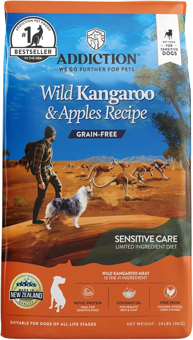 Addiction Wild Kangaroo & Apples Dry Dog Food - Limited Ingredient, Novel Protein for Dogs with Allergies, Grain-Free - Support Muscle Development & Manage Weight - Made in New Zealand 20lb