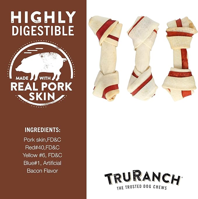 TRURANCH Medium Pork Skin Bones, Bacon Flavor - Collagen Bones for Dogs - Made with Real Pork Skin - Rawhide Alternative - Limited Ingredient - Easy to Digest Treat, 1 Bag, 3 Count