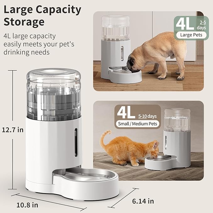 JUNSPOW Cat Water Dispenser with Filter and Stainless Steel Bowl, Automatic Gravity Water Dispenser for Cats or Small Medium Size Dogs, Large Capacity, Easy to Clean and Safe for Pets (4L White)