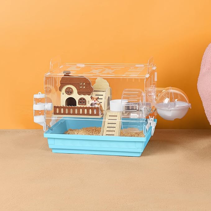 Acrylic Hamster Cage Small Hamster Habitat 360 Viewing Hamster Enclosure with Running Wheel & Hideout for Dwarf, Guinea Pig, Gerbils, Blue, 13.3" L*10.2" W*12.4" H