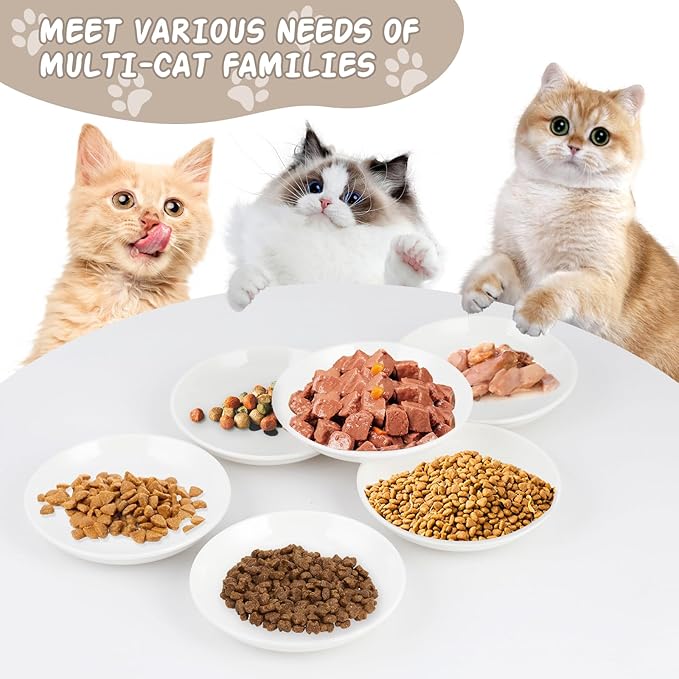 6 Pack Cat Food Bowl, Ceramic Cat Bowls, Anti Whisker Fatigue Cats Bowl Set,5.5 Inches Shallow Wide Kitten Plates for Food and Water (White-A)