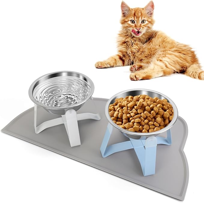 2 Pack Raised Cat Bowls Holder with Non-Slip Mat Stainless Steel Cat Feeder Elevated Pet Water Food Bowls for Cats Puppies Rabbits (White & Blue)