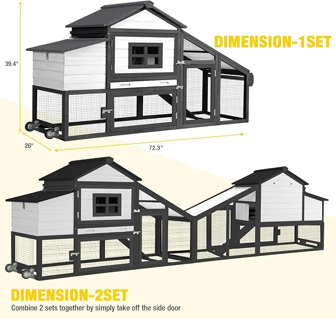 Wooden Chicken Coop, Large Chicken Tractor with Wheels, Weatherproof Hen House with Nest Box and Removable Tray, Mobile Poultry Hutch for 2-4 Chickens, Rabbits & Ducks (White)