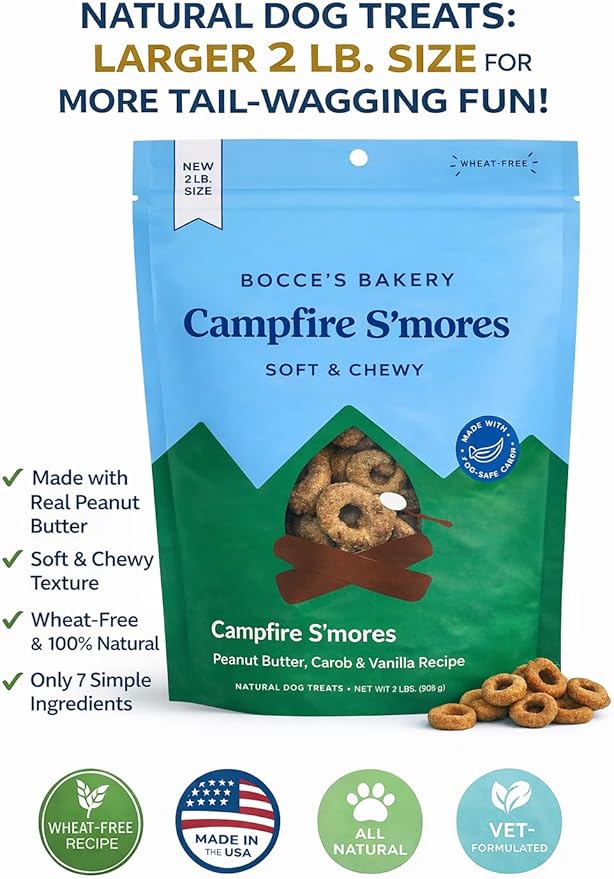 Bocce's Bakery Soft & Chewy Campfire S’Mores Dog Treats, 2 lbs | Wheat-Free, All Natural Ingredients | Made with Peanut Butter & Vanilla| Healthy, USA-Baked Snacks for Dogs
