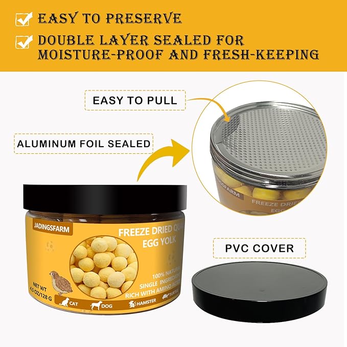 Freeze Dried Quail Egg Yolk Dog Cat Treats, Single Ingredient Raw Snacks, High Protein, Supports Skin & Coat Health, Freeze Dried Dog Treats, No Additives, Grain & Gluten Free – 4.5oz
