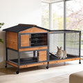 Rabbit Hutch Indoor, 62’’ Bunny Hutch Outdoor with All-Around Metal Frame, Mobile Rabbit House with Wheels, Wooden Bunny Cage with Leakproof Tray, Chew-Proof Ramp for Guinea Pig(Orange)