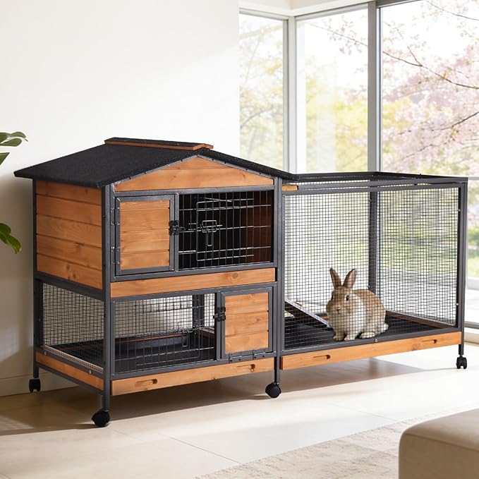 Rabbit Hutch Indoor, 62’’ Bunny Hutch Outdoor with All-Around Metal Frame, Mobile Rabbit House with Wheels, Wooden Bunny Cage with Leakproof Tray, Chew-Proof Ramp for Guinea Pig(Orange)