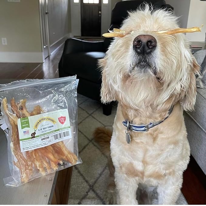 Beef Tendons for Dogs Made in USA. 6-10 Inch Grass Fed Farm-Raised American Beef Dog Treats. All Natural Dog Dental Chews. Grain Free Odor-Free Chews 8 Ounce