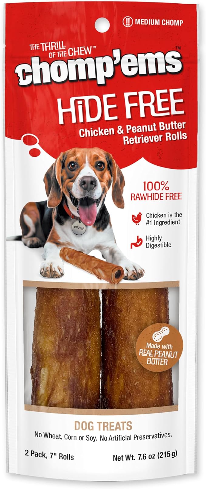 CHOMP 'EMS Chicken & Peanut Butter Hide Free Dog Chews - Rawhide Free Dog Treats - No Hide Alternative Chew Treat for All Life Stages, 7", 2 Count