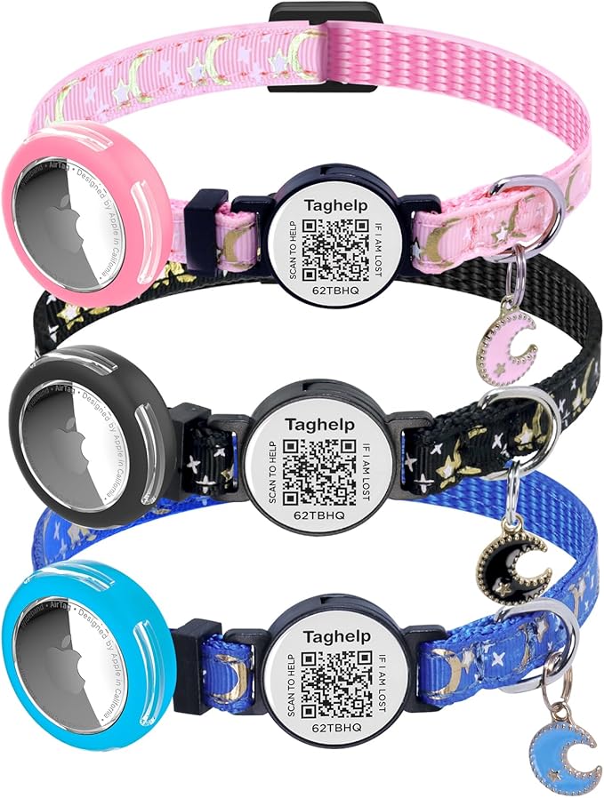 3 Pack Breakaway Cat Collars with Moons Stars - Adjustable Apple Waterproof Airtag Holder for Cats, Safety Buckle for Girl & Boy Pets - Ideal Pet Supplies & Gifts,NO app (Black, Blue, Pink)