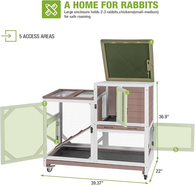 GUTINNEEN Rabbit Hutch Mobile Bunny Cage with Wheels, Chewproof Ramp, Leak Proof Trays – Ideal Cage for Rabbits, Guinea Pigs, and Chickens, Indoor/Outdoor Use,39.4" L x 22" W x 37" H, Brown
