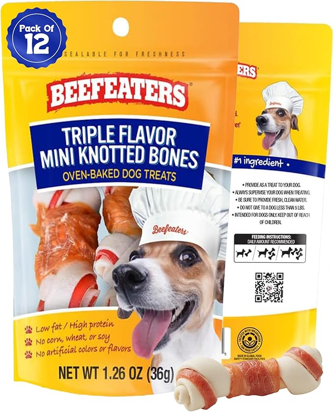 Beefeaters Triple Flavor Mini Knotted Bones Treats 1.26oz (Pack of 12) – High Protein Dog Chew Bones, Real Chicken Recipe, No Artificial Additives, Ideal for Training, Small Bones for Puppies & Dogs