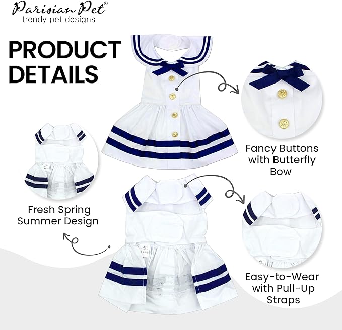 Parisian Pet Sailor Dog Dress - 100% Cotton Summer Clothes for Large Dogs Girl - Nautical Pet Apparel - Stylish Dog Outfit - Lightweight and Breathable Puppy Clothes - Cute Dresses for Dogs