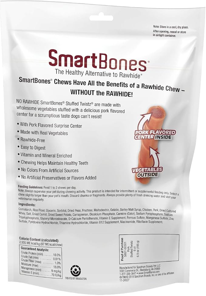 SmartBones Stuffed Twistz with Pork Flavor 6 Count, Rawhide-Free Chews for Dogs, No Artificial Preservatives or Flavors Added, (SBST-00301), 6 Count, Pork