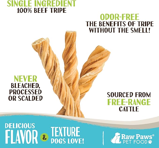 Raw Paws Beef Tripe Twists for Dogs - 5-Inch (5-Count) - Packed in USA - Free-Range Green Tripe Sticks for Dogs - Odor-Free, Crunchy Tripe Dog Treats - All-Natural Green Beef Tripe Sticks Chews