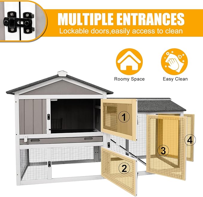 PetsCosset 57" L Rabbit Hutch Indoor and Outdoor 2-Story Rabbit Cage with Pull Out Tray,Fir Wood Guinea Pig Cages with Wooden Ramp,Waterproof Bunny Cage Indoor Bunny Hutch with Waterproof Roof,Grey
