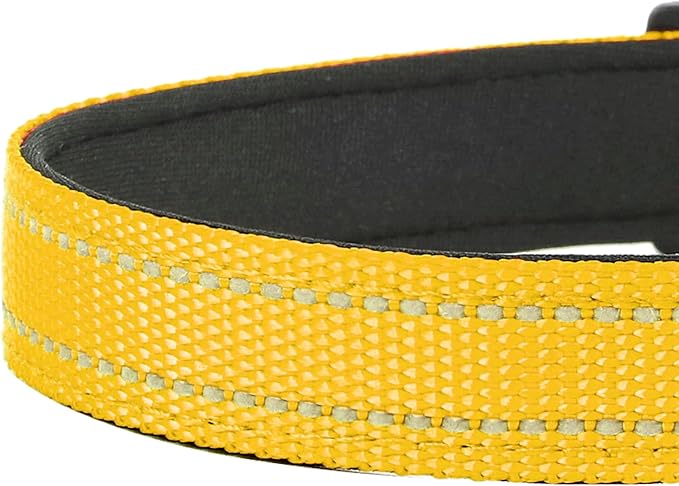 Reflective Dog Collar, Adjustable Soft Neoprene Padded Nylon Pet Collars with Buckle for Extra Large Dogs, Yellow,XL