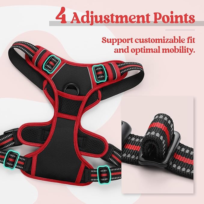 rabbitgoo Dog Harness No Pull with 2 Leash Clips, Adjustable Soft Padded, Reflective Oxford No Choke Pet Vest with Easy Control Handle for Large Dogs, Black & Red, XL