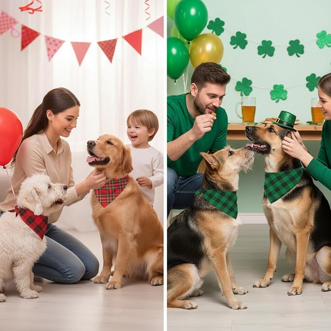 Weewooday 50 Pcs Valentine's & St. Patrick's Day Dog Bandanas Bulk Red & Green Plaid Bandanas for Dogs Soft Triangle Bibs Adjustable Scarf for Small Medium Large Pets(31.5 x 21.7 x 21.7 Inch)
