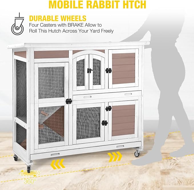 AIVITUVIN Rabbit Hutch Indoor Rabbit Cage Outdoor Two Story Bunny Cage Bunny Hutch Pull Out Tray Guinea Pig Cage on Wheel（Brown）