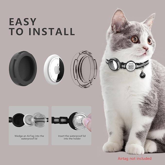 Waterproof Airtag Holder Cat Collar .Lightweight Kitten Collar for Apple Air tag. Solid &Safe,Reflective Pet Collar, Breakaway Smart ID tag, Scan QR Code for Instant Location Alerts (Black A)