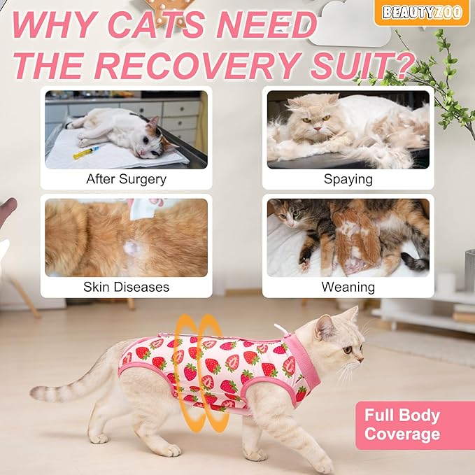BEAUTYZOO 2 Pack Cat Recovery Suit, Cat Onesie for Cats After Surgery Female Male, Kitten Spay Neuter Surgical Recovery Body Suit Cone of Shame Alternative, Anti Lick Pet Anxiety Vest,Strawberry,XS