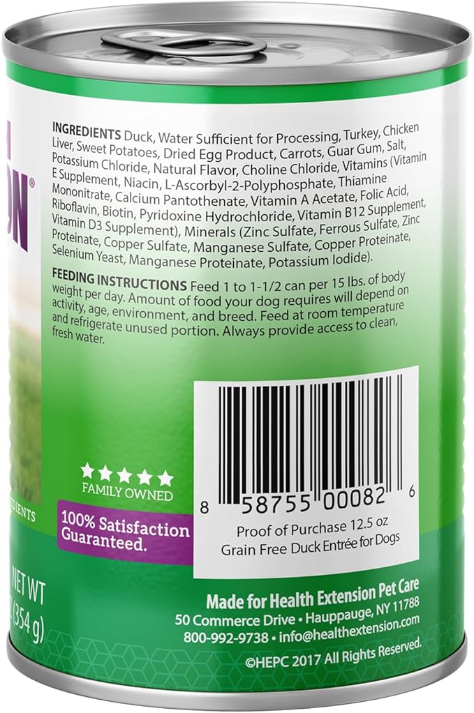 Health Extension Duck Entrée Wet Dog Food Grain-Free, 12.5 oz - Protein-Rich Recipe, Hydration Support, Ideal for Sensitive Stomachs (Case of 12 Cans)