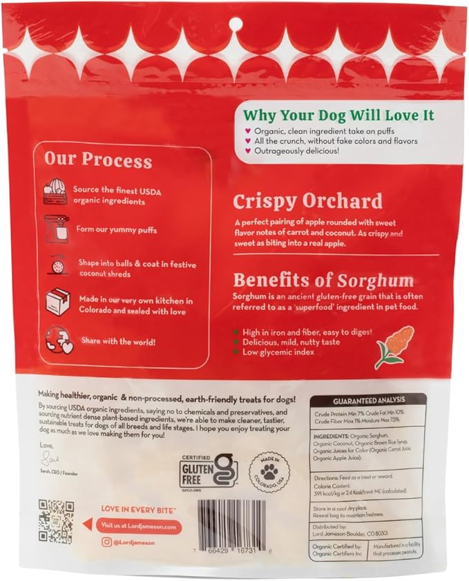 Lord Jameson Crispy Orchard Light & Crunchy Love Puffs - Apple & Carrot Dog Treats, Low-Calorie, Low-Sugar, Gluten & Preservative-Free, USDA Certified Organic - Made In USA 4 oz