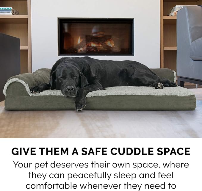 Furhaven Memory Foam Dog Bed for Medium/Small Dogs w/ Removable Bolsters & Washable Cover, For Dogs Up to 35 lbs - Two-Tone Plush Faux Fur & Suede L Shaped Chaise - Dark Sage, Medium