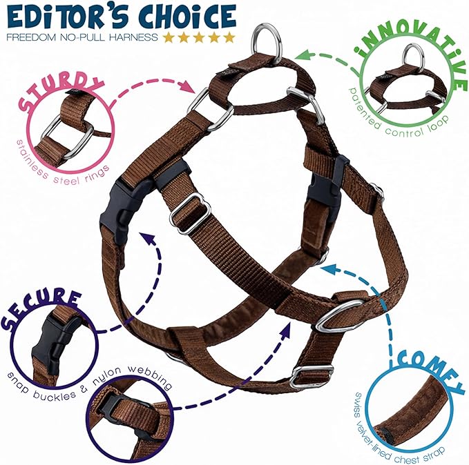 2 Hounds Design Freedom No Pull Dog Harness, Adjustable Harness, Easy Walking & Comfortable Control, Fits Small, Medium & Large Dogs, Solid Colors, Made in USA, 5/8" MD, Brown