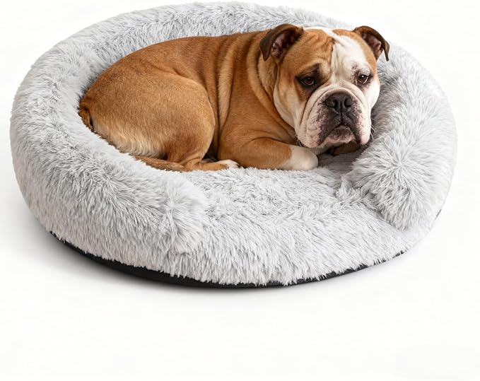 Calming Dog Bed for Small Medium Dogs, Anti-Anxiety Donut Washable Puppy Bed Orthopedic Cushion, Soft Fluffy Faux Fur Plush Warming Cozy Cat Bed Fits up to 25 lbs Pets (Round, Pale Grey 23")